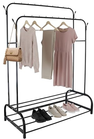 Relaxdays clothes rack, HxWxD: 155 x 110 x 55 cm, 2 shelves & 2 rods, 4 hooks, double garment rack, black