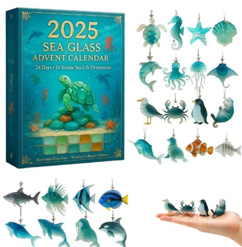 adventskalender 2025 mit meereslebewesen,seeglas-adventskalender,sea glass marine life advent calendar,24-Tägiger Weihnachts-Countdown-Kalender,Mit 24 Realistischen Meerestier-Dekorationen-A