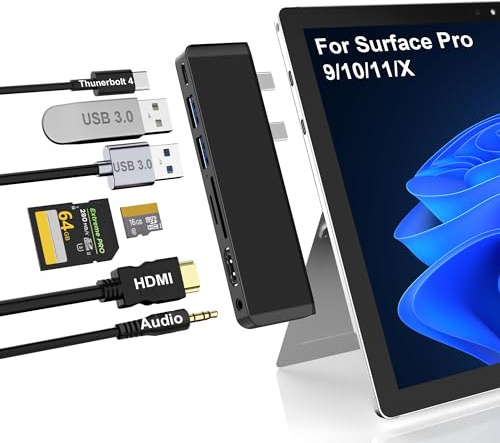 Surface Pro 9/10/11/X Docking Station, Surface Pro 11 USB Hub with 4K HDMI, USB-C Thunderbolt 4 (Display+Data+100W PD), 2 USB 3.0, 3.5mm Audio, SD/TF Card Slot for Surface Pro 9/10/ 11/ X
