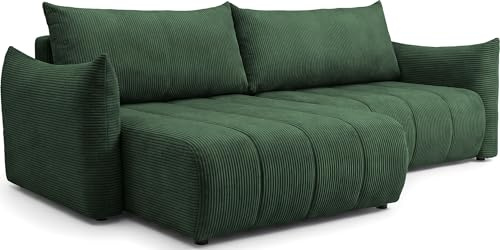 Ecksofa mit Schlaffunktion & Bettkasten – Skandi 4-Sitzer Schlafsofa in L-Form – Freistehende Eckcouch, Ottomane Links oder Rechts Montierbar – Liegefläche 220 × 145 cm – Cordstoff Grün, Dunkelgrün