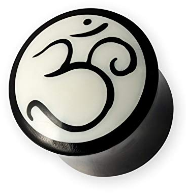 Fly Style Ohr Plug aus Horn - Flesh Tunnel mit Om Zeichen - Buddhismus Schmuck, Grösse:8 mm