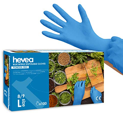 Amazon Basic Care Gants nitrile jetables bleus, Non poudrés, Taille L, 100 unités (Auparavant marque Hevea)