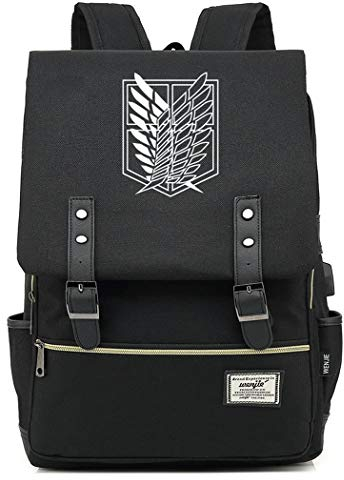 WANHONGYUE Attack on Titan AOT Anime Schulrucksack Schulranzen Studententasche Vintage Backpack 15,6 Zoll Laptop Rucksack mit USB-Ladeanschluss Black / 4