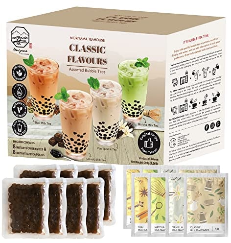 Bubble/Boba Tea Kit with Instant Tapioca Pearls and Milk Tea Powders | Makes 8 Drinks | Assorted Classic Flavours include Classic, Matcha, Thai, Vanilla in Individual Sachets | By Moriyama Teahouse