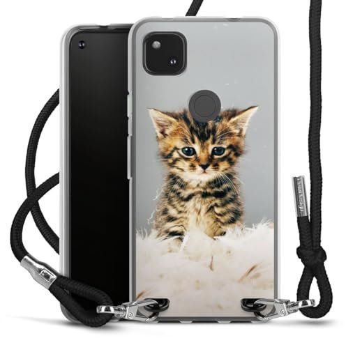 Carry Case kompatibel mit Google Pixel 4a Hülle mit Band Handykette zum Umhängen schwarz Katze Haustier Feder