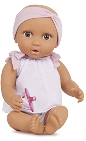 Babi BAB7225Z Baby Kleidung in Pink Weiß und Schnuller – Weiche 36 cm Puppe mit mittlerem Hautton und braunen Augen – Spielzeug ab 2 Jahren, Bunt