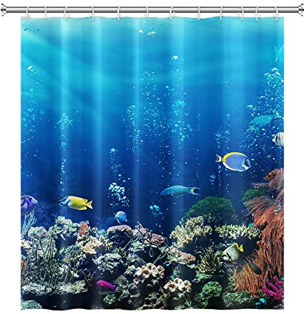 SDOTPMT 122x183cm Océan Tropical Poisson Rideau de Douche sous-Marin Mer Animal Corail Récif Rideau de Bain Été Bleu Océan Rideau de Baignoire pour Enfants Salle de Bains Polyester avec Crochets