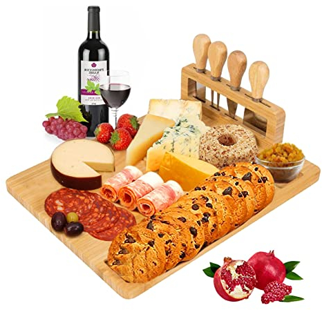 Bamboo Cheese Board Gift set, Cheese Board and 4 Piece Cheese Knife set Charcuterie Boards for Serving Dishes Wooden Tray, Cheese Board and Knife set for Birthday Party Perfect Cheese Board set, 36cm