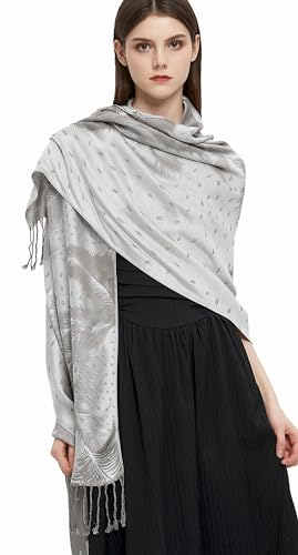 Gragengs Pashmina Schal Wrap mit ethnischen Paisley Two Tone Jacquard Schal für Damen,Feder-Grau