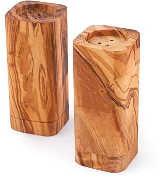 M’zaytouna Salz- und Pfefferstreuer Set – 2 handgefertigte Behälter aus Olivenholz, elegante Alternative zur Pfeffermühle und Salzmühle, rustikales, nachhaltig, hochwertiges Küchenutensil für Gewürze