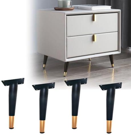 Jarshtime Lot de 4 pieds de meubles obliques en métal pour armoire, commode, table d'appoint, 15 cm, noir et doré