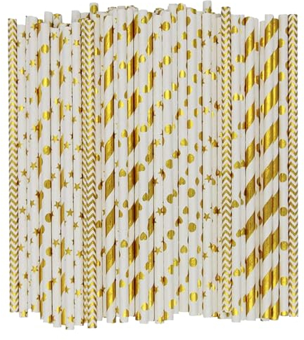 Strohhalm Papier,Bunte Papierstrohhalme,rinkhalme Papier Biologisch Abbaubare,für Partys, Hochzeiten und Anlässe, Party Strohhalme (Gold-200 Pack)