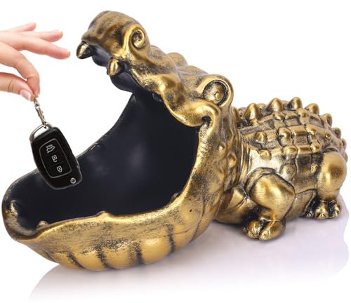 LCCCK Krokodil-Süßigkeitenschale, lustige Krokodil-Statue, Schlüsselschale für den Eingangstisch, goldene große Mund-Skulptur seltsame Tier-Nilpferd-Süßigkeitenschale – für Büro, Eingang, Tisch, Kunst