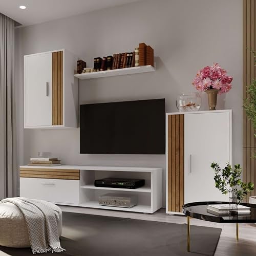 Miroytengo Modulos de Salón Comedor Kolm para TV Estilo Nórdico en Color Roble Tablilla y Blanco Mate con 3 Puertas y 2 Estantes