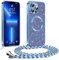 Phoona handyband Hülle für iPhone 13 Pro mit Band, Glitzer Handyhülle Kompatibel mit MagSafe, Ganzkörperschutz Kratzfeste Stossfest Schutzhülle mit Einstellbar Kette, Blau