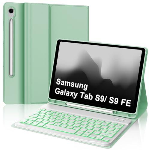 IVEOPPE Keyboard Case for Samsung Galaxy Tab S9FE/S10FE, Case Keyboard for Samsung Galaxy Tab S9, Cover with Detachable Backlit Keypad for S9 FE 10.9'' Tablet, Light Green