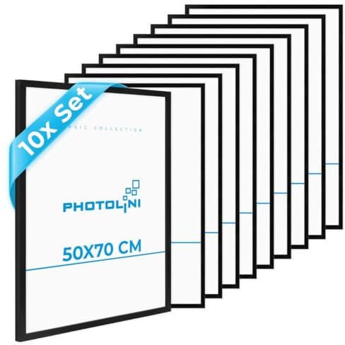 PHOTOLINI Bilderrahmen 50x70 Schwarz 10er Set Holz MDF, 50x70 cm Bilderrahmen groß, Rahmen 70x50 Puzzle, bruchsicheres Acrylglas, picture frame zum Aufhängen, Posterrahmen für Fotos, Puzzle & Poster
