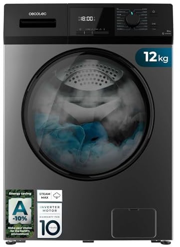 Cecotec Lavatrice a Carica Frontale 12Kg Bolero DressCode 12410 Inverter Steel A-10%.1400rpm, Inverter Plus, 16 programmi, SteamMax, Drum Clean, AllergyCare, Stop&Go, DelayStart, Kid Lock,Diamond Care