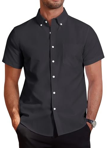 J.VER Men's Black Short Sleeve Shirt Smart Casual Regular Fit Non Iron Cotton Shirt Button Down Oxford Business Work Office Summer Dress Shirts 4XL