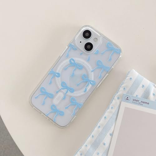 UEEBAI Magnetisch Hülle für iPhone 15, Niedliche Silikon Tansparent Handyhülle mit Schleife Schutzhülle mit Kabelloses Laden, Weiche Bumper Cover Case für Frauen Mädchen, Blau