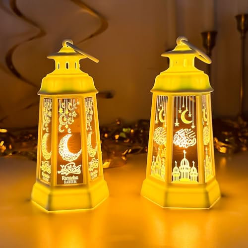 2 Stück Ramadan Deko Laterne, Ramadan Laterne mit Warmweiß LED Licht, Ramadan Mubarak Dekoration Mond Schloss Laterne, Eid Mubarak Laterne Ramadan Tischdeko für Muslimische Festival Dekorative (Weiß)