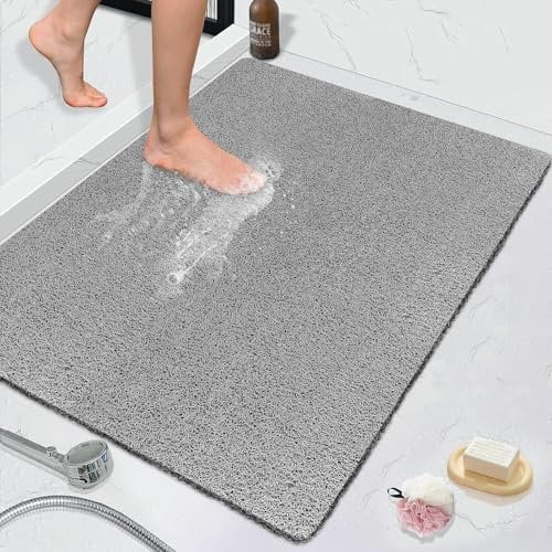 MACUNIN Alfombrilla de ducha antideslizante: 80 x 100 cm, extra grande, con agujeros de drenaje, alfombrilla de esponja suave para bañera, plato de ducha, baño, secado rápido, color gris