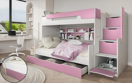 Generisch Harry 2 Personen Etagenbett mit 4 Regalen und grosser Schublade Weiss/pink