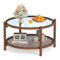CASART 2-Tier Coffee Table with Storage, Rustic Round Glass Top Center Table with PE Rattan Shelf & Wood Frame for Living Room Office
