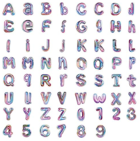 CharmeFleur 126PCS DIY Alphabet & Numeri Adesivi Set - Adesivi Colorati Effetto Palloncino Metallico per Bambini, Adolescenti, Adulti, Facili da Staccare e Incollare su Bottiglie
