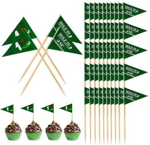 lasuroa 50pcs Golf Themed Toothpick Flags, Hole in One 1st Golf Flag Cocktail Picks, Mini Appetizers Stick, Food Skewers, Cupcake Cake Toppers, for Baby Shower 1st Birthday Party Bar Decorations