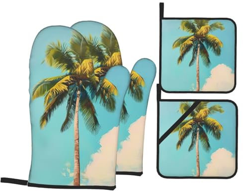 Palm Tree Print Kitchen Mitts And Pot Holders Set Resistant Oven Mitts Pot Holders Waterproof