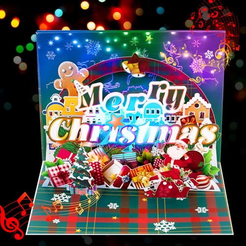 GREETING ART Pop-Up-Weihnachtskarten mit Licht und Musik, Musikalische Lebkuchenhauskarte, 3D Weihnachtskarte als Geldgeschenk,Weihnachtsgrußkarte für Mama, Frau oder Freundin