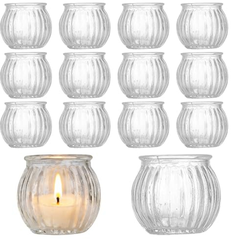 Teelichthalter Glas Durchsichtig(5cm x 5.5cm), 12 Stück Kürbis Teelichtgläser, Kleine Kerzengläser, Kerzengläser Vintage Klar, Mehrweg Teelichter Gläser für Hochzeit, Windlicht, Partys