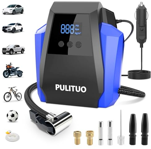 PULITUO 12V DC Tyre Inflator - Portable Air Compressor 35L/min, 150 PSI / 10.3 Bar Car Tyre Pump with Auto Shut Off, Digital Gauge and LED Light Blue
