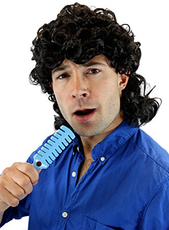 WIG ME UP - 3751-P1 Fasching Karneval Halloween Perücke Herrenperücke Schwarz stark gelockt Manta Proll Vokuhila Mullet Schlagersänger **Erwachsene**