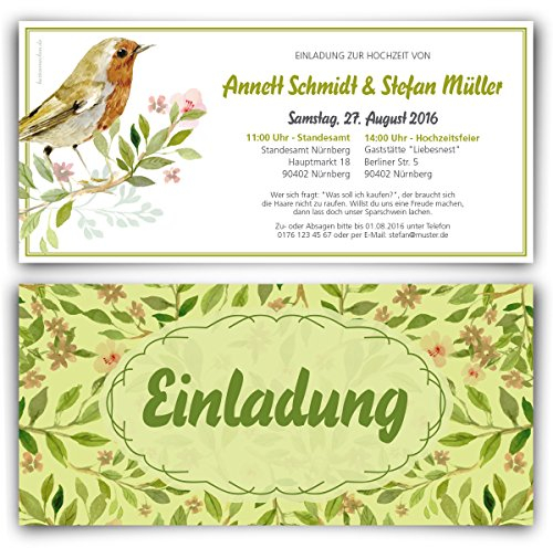 Einladungen zur Hochzeit (40 Stück) im Frühlings Rotkehlchen Vogel Motiv