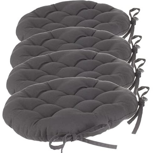 Atmosphera Lot de 4 galettes de chaises Rondes avec Attaches - Diamètre 38 cm -Matelassées & 100% Coton - Coloris Gris Anthracite