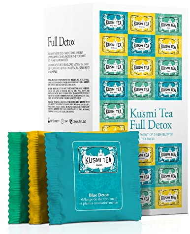 Kusmi Tea - Coffret de thé en sachet Full Detox - Assortiment Thés Verts Aromatisés - Thés Detox, BB Detox, Blue Detox - Boite de 24 sachets mousseline