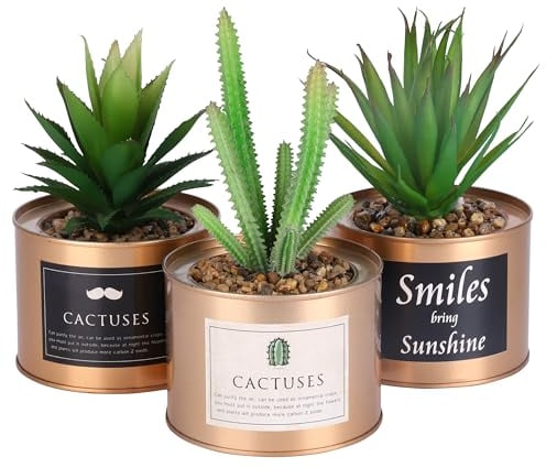 BELLE VOUS Pack de 3 Mini Plantas Artificiales Decorativas en Maceta de Metal Cobre 10 x 7,5 cm - Planta Artificial Suculentas Cactus - Macetas Decorativas Hogar y Escritorio Oficina