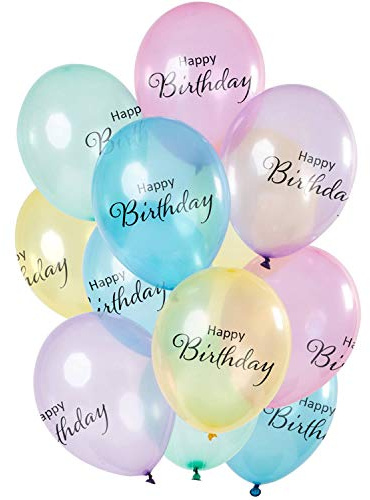 Folat 69330 Ballons 'Happy Birthday' Pastell Transparent 30cm - 12 Stück Latex Helium Luftballon, Geburtstag Deko