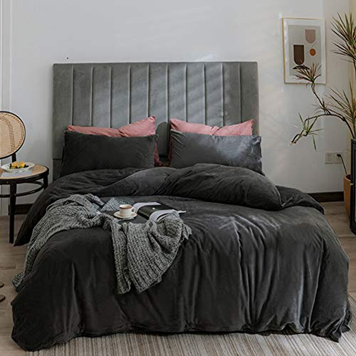 Michorinee Winter Plüsch Bettwäsche Set 200x220 Cashmere Touch Flauschig & Warme Coral Fleece Uni Bettbezug mit Reißverschluss - Anthrazit | 200 x 220 cm + 2 x 80 x 80 cm