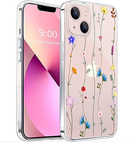 Unov Case Compatible with iPhone 13 Case Clear with Pattern Slim Protective Soft TPU Bumper Embossed Design 6.1 Inch (Flower Art)
