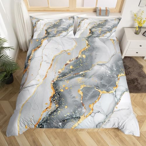 Grey Marble Duvet Cover Set Double White Grey Gold Glitter Comforter Cover Abstract Stone Texture Bedding Set 3pcs for Kids Boys Teens Room Decor, Marbling Bedspread with 2 Pillowcases