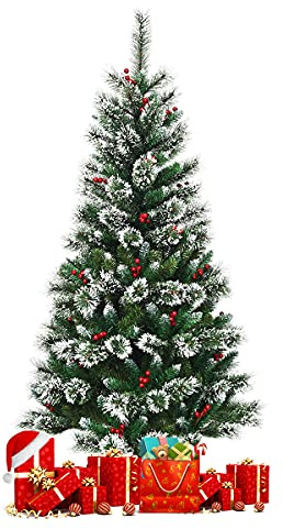 RELAX4LIFE 150cm Künstlicher Weihnachtsbaum, Verschneiter Tannenbaum mit roten Beeren, PVC-Ästen & Tannennadeln, Kunstbaum mit Metallständer, Schnellaufbau Klappsystem, Grün