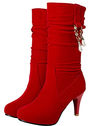 Minetom Stivali Donna Alti PU Decorazione di Perle Stivali Tacco A Spillo Scarpe Autunno Invernali Pelle Scamosciata Stivali B Rosso 34 EU