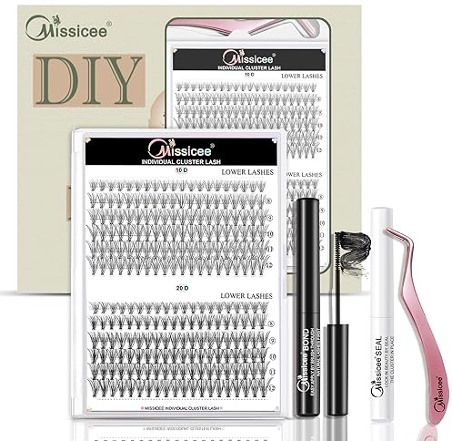 DIY Lash Extension Set, Missicee Falsche Wimpern Einzeln Set, Wimpern Extension Set für Wimpernverlängerung Mit 240 Stück 10D/20D 8–12 mm Cluster Lashes Mixed, Pinzette und Spiralbürste Bond & Seal…