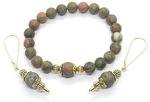 Parure da donna con bracciale elasticizzato e orecchini abbinati in pietre naturali (Verde e rosa)