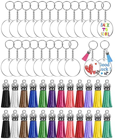 Lot de 96 porte-clés vierges en acrylique - Cercles transparents avec pompons - Kit comprenant 24 pièces vierges en acrylique, 24 anneaux porte-clés, 24 pompons et 24 anneaux ouverts pour bricolage