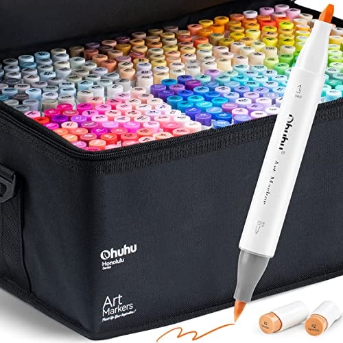 Ohuhu Colouring Pens 320 Colours Permanent Marker Pens Dual Tip Brush & Chisel Sketch Marker for Artist, Students, Brush Markers for Sketching, Adult Coloring Calligraphy Drawing Illustration