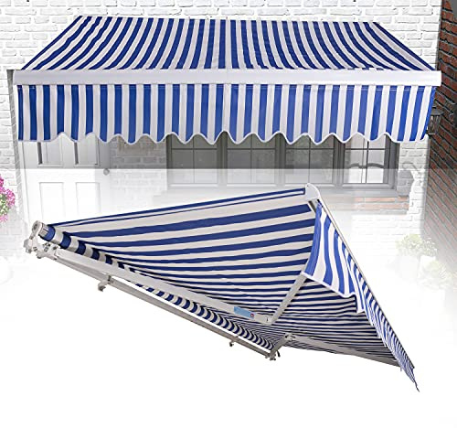 Ikodm Markise 350 x 300 cm Manuelle Gelenkarmmarkise Wasserdicht und Sonnenschutz, Terrassenmarkise, Sonnenmarkise für Balkon, Gelenkmarkise Blau/Weiß Gestreift, Montage erforderlic